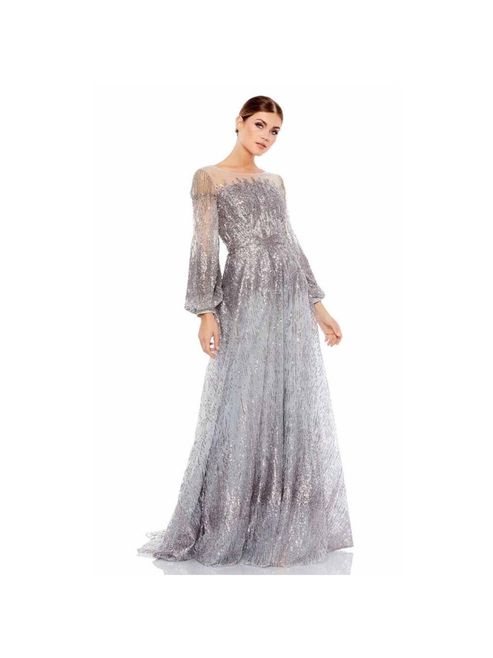 Mac Duggal 20307 Bishop Sleeve Beaded Sequin Embellished Evening Gown Platinum 8